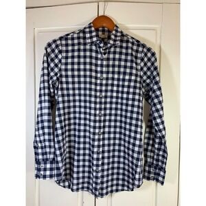 J Crew Gingham Shirt Women XS Check Blue White Lightweight Classic Preppy Church